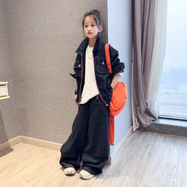 女童2026春秋新款个性撞色牛仔套装宽松外套设计时尚牛仔裤两件套