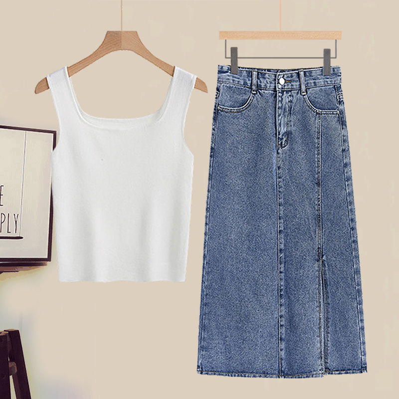 Damenbekleidung Stylisches Hemd Camisole Weste Schmaler Jeansrock Übergröße Damen Herbst-Outfit-Set - Stylisches Hemd, Tanktop & Jeansrock 3-teiliges Set_voghion.com