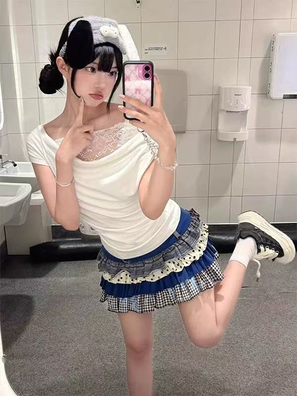 美式辣妹斜肩t恤女夏季新款白色花边蕾丝短袖显瘦纯欲风露肩上衣|undefined
