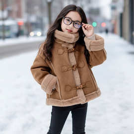 2025冬季新款韩版女童加绒加厚外套儿童麂皮绒皮毛一体保暖上衣潮