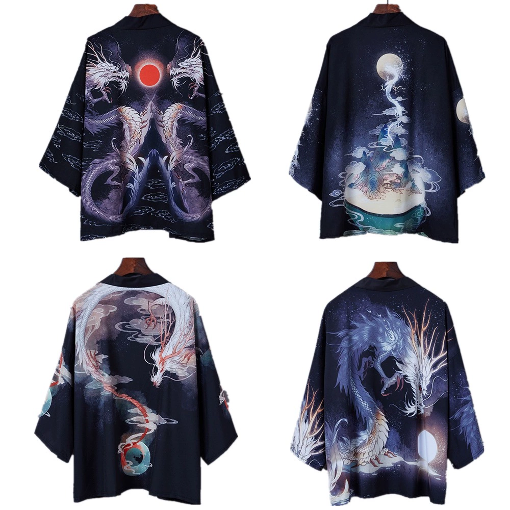 Трансграничный китайский ветреный дракон тотем дракон одевает семь рукавов кимоно плащ свободный тренд кардиган мужской оптовый