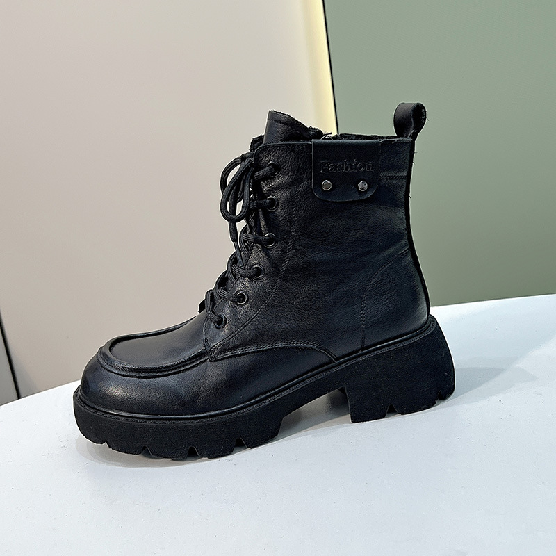 ShoeVault First Layer Cowhide Martin Boots For Women, Autumn And Winter Vintage British Style Casual Short Round Toe Mid-Calf_vogvips.com
