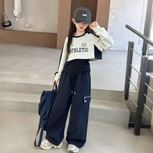女童春秋款卫衣背心套装女大童儿童秋装宽松阔腿裤工装裤三件套