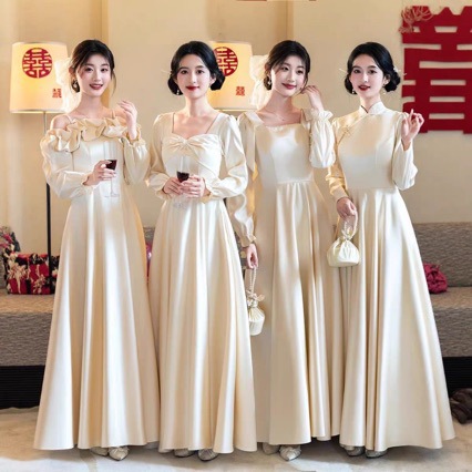 Bridesmaid Dress 2025 New Autumn and Winter Long-Sleeved Satin Sister Group Sister Group High-End Niche Dress Skirt Can Be Worn at Ordinary Times