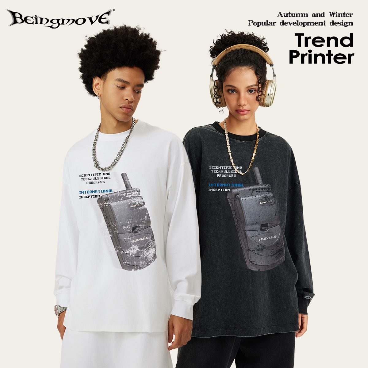 2025 otoño retro americano PHS impresión de inyección directa y2k camisetas de manga larga de cuello redondo de gran tamaño personalizadas para hombres