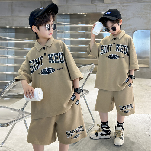 Boy's Handsome Polo Shirt Five-Fifth Pants Two-piece Set  Summer New Letter Printed Top Five-Piece Pants Set