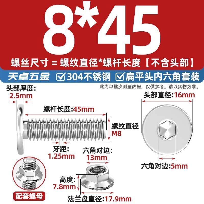 304不锈钢CM大平头超薄头C头扁平头内六角螺丝钉法兰边螺母套装M5|undefined