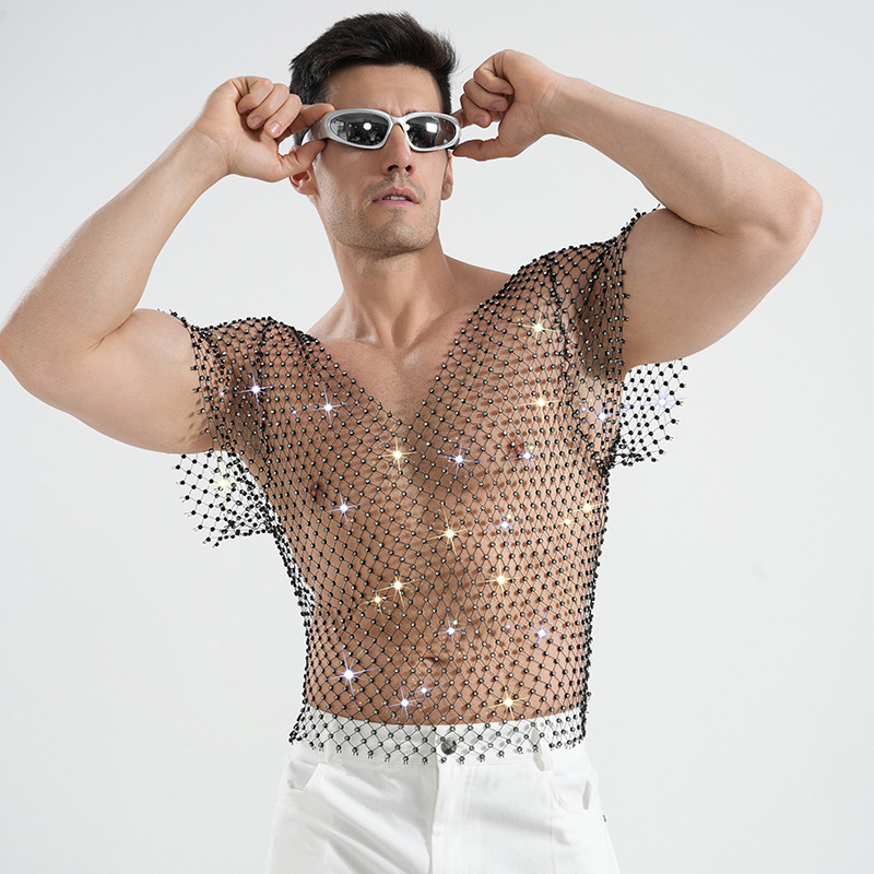 European and American Amazon Rhinestone Vest Men's Hollow-Out Top See-Through Sparkling Mesh Sexy Party Music Festival Clothing European and American Amazon Rhinestone Vest Men's Hollow-Out Top See-Through Sparkling Mesh Sexy Party Music Festival Clothing