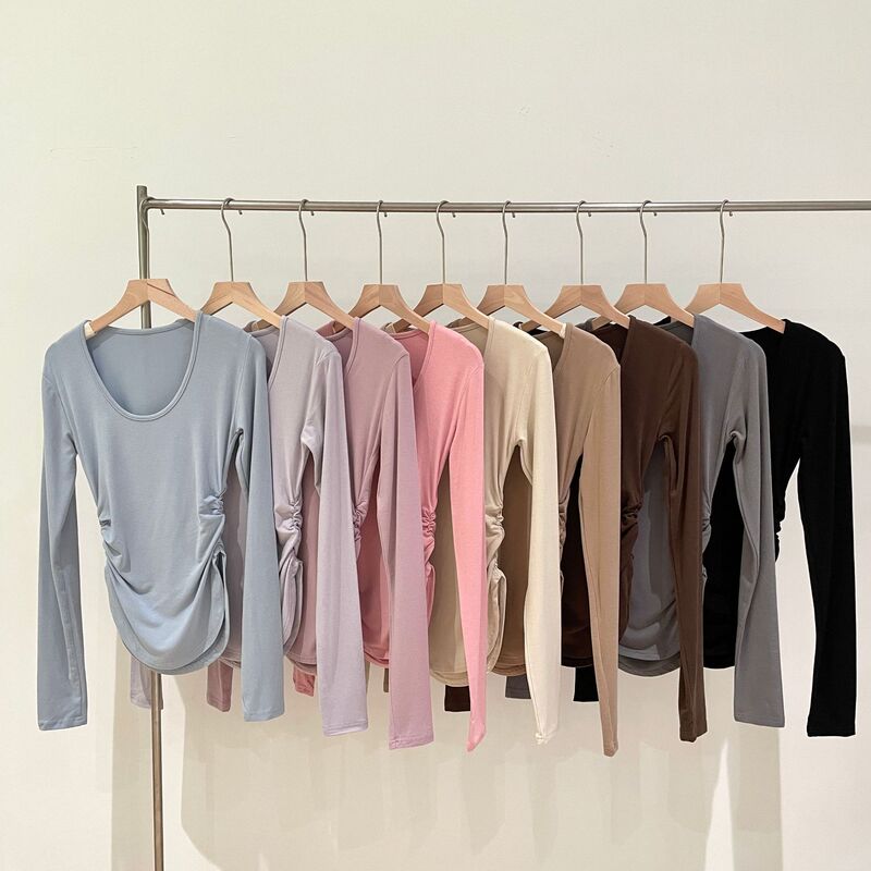 Ballet Style Crewneck Long-sleeved T-shirt Women's Spring and Autumn Inner Waistline Pleated Base Shirt Tight Waist Slimming Elegant Top Ballet Style Crewneck Long-sleeved T-shirt Women's Spring and Autumn Inner Waistline Pleated Base Shirt Tight Waist Slimming Elegant Top