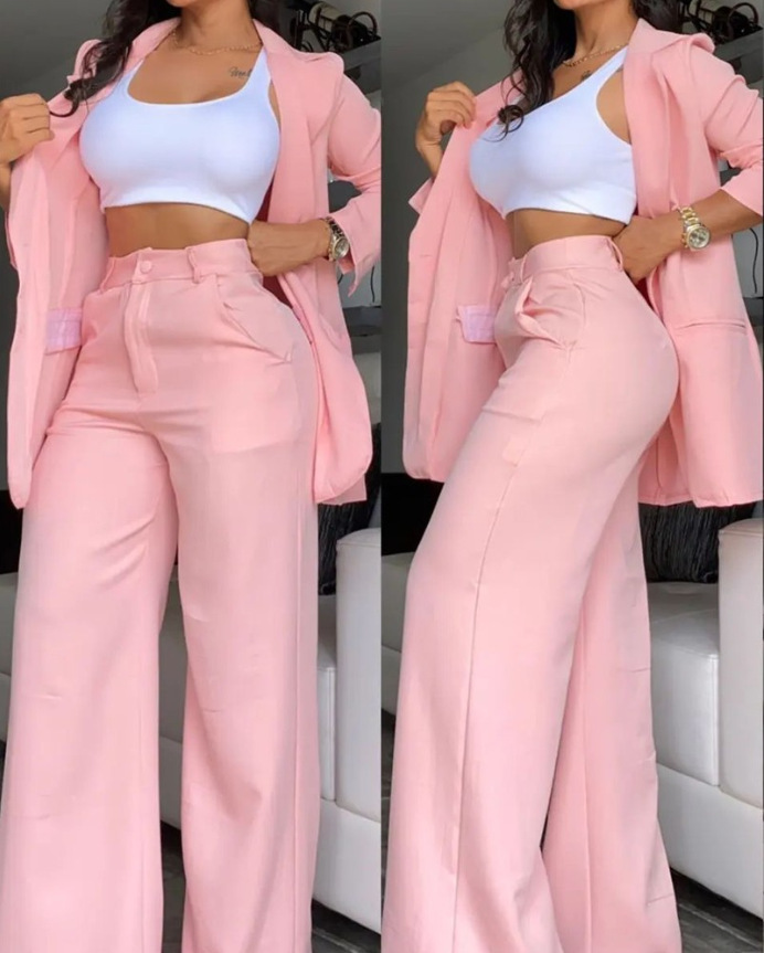 women's sets Women's and Elegant Solid Color Split Sleeve Lapel Suit Pocket Straight leg Trouser Set_voghion.com
