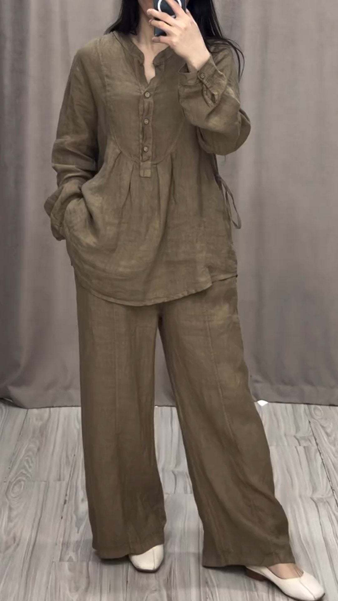 Women's Clothing Fashionable And Comfortable Women's Cotton Linen Suit Long Sleeved Half Open Casual Pleated Wide Leg Pants Autumn_ecoleips.com