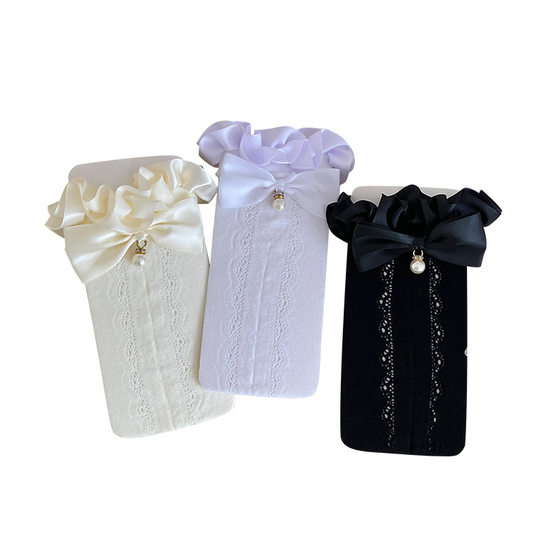 Children's Lace Pile Socks Spring and Summer Thin Lolita Medium Barrel Bow Hollow Love Princess Girl Stockings