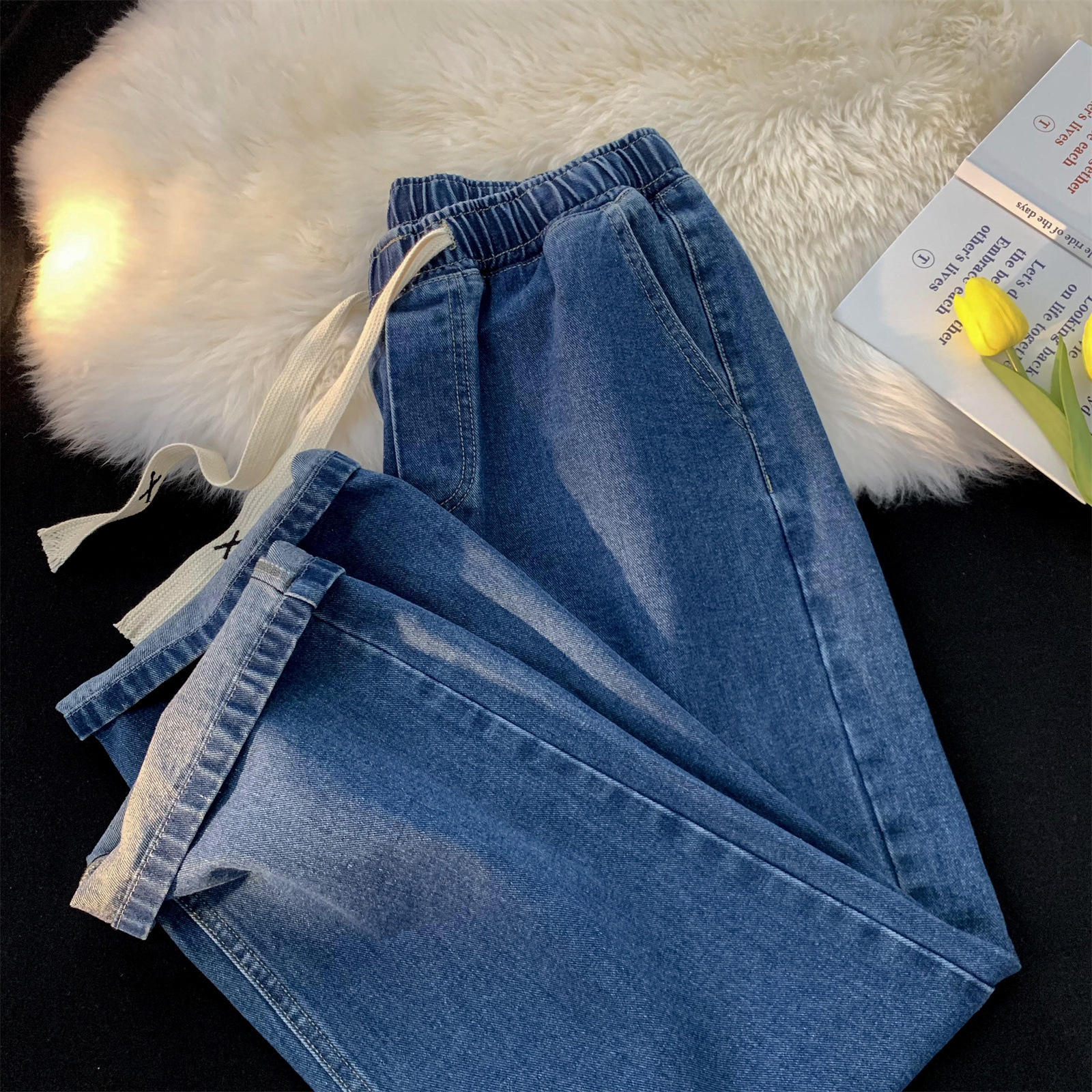 Pantalones vaqueros de los hombres lavados pantalones de mezclilla retro Pantalones rectos con cordón de otoño de los hombres pantalones casuales de talla grande