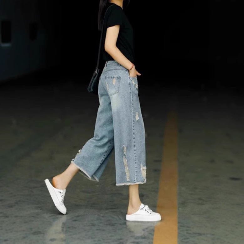 Retro Distressed Ripped High-Waisted Jeans Women's Summer Style Thin Loose Wide Leg Pants Petite Cropped Casual_ecoleips.com