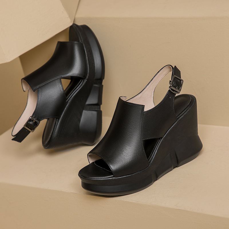 Sandal nữ đế xuồng miệng cá da bò, quai ngang đơn giản, gót cao 8 cm — Màu đen
