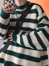 秋冬季男女复古条纹撞色设计针织毛衣外套宽松圆领套头休闲毛线衣