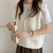 韩系风纯色假口袋针织马甲女2023秋冬上新叠穿V领宽松毛衣背心 女