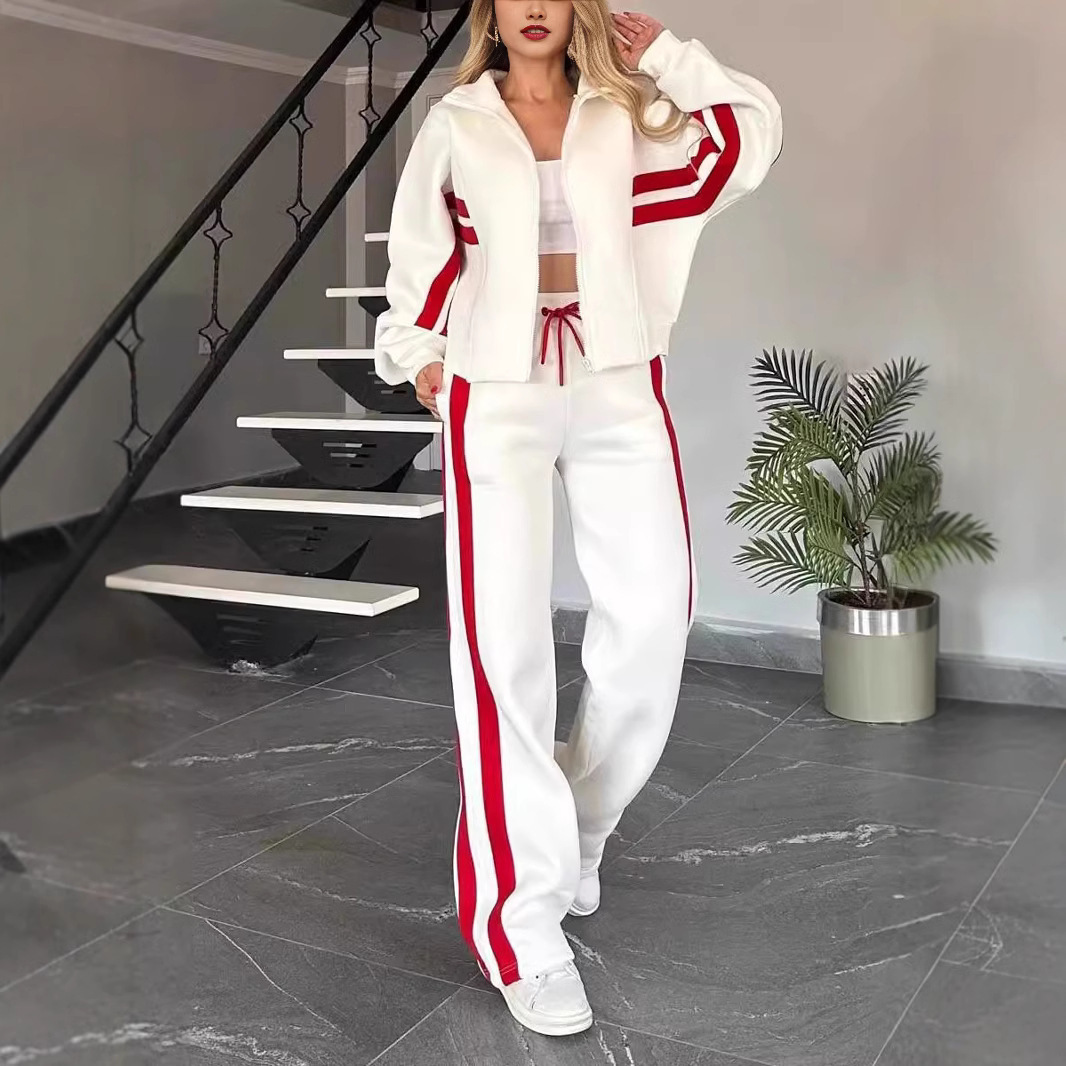 2025 Europe and America Cross-border Amazon Autumn Foreign Trade Y2K Striped Zipper Jacket Casual Sports suit Women