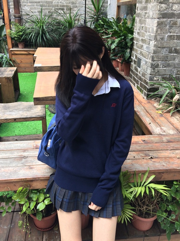大码原创JK毛衣套装V领套头班服刺绣长袖针织衫秋冬校供感百搭|undefined