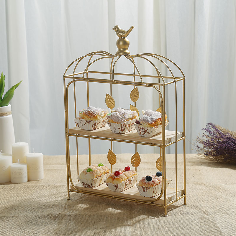 Jaula de pájaros de doble capa decoración de mesa de postre de madera placa fría soporte de exhibición de pastel buffet soporte de merienda soporte de pastel de hierro