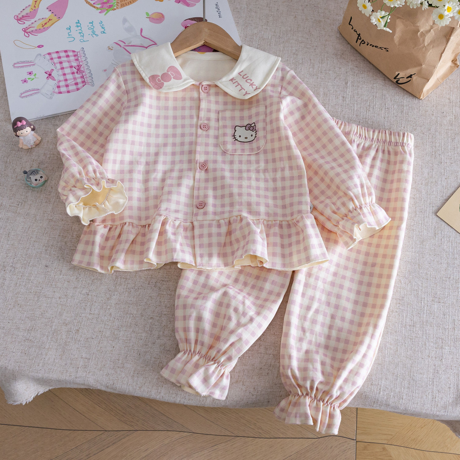 2025 Spring and Autumn Princess Girls Korean Single Row Open Button Two-Piece Pajamas Set Home Clothes Baby Cartoon Pajamas