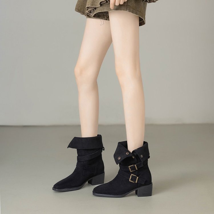 Nuevos zapatos de mujer residuos de tierra occidental botas vaqueras mujeres 2026 primavera versátil zapatos retro casuales botas marrones medianas