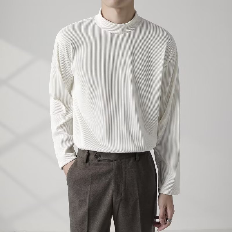 봄, 가을 가볍고 성숙한 스타일의 남성용 하프 터틀넥 티셔츠, 긴팔, 맞춤형 주름 디자인, 한국식 드롭 스타일, 다용도 바텀 셔츠