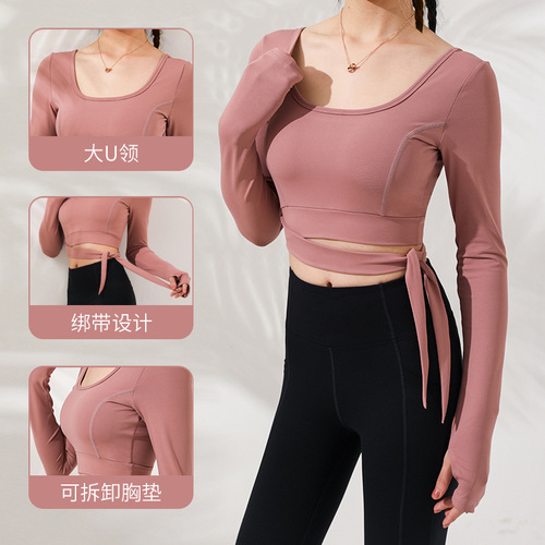 Vinyasa Multisize Band Bodycon Tight Sports Bra Padded Long Sleeve Yoga Top Women Influencer Fitness Outfit U-Neck Fitness T-Shirt