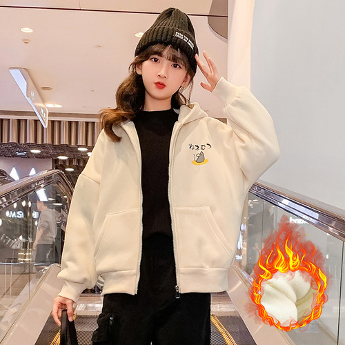 Children's winter velvet thickened coat for girls, medium and large children's cardigan and sweater lamb wool double layer thickened and warm