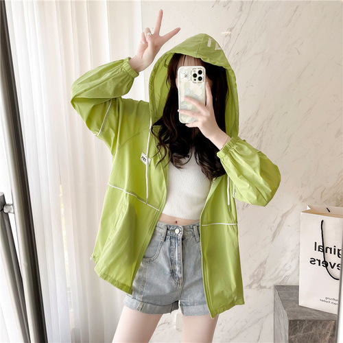 Loose thin cardigan sunscreen shirt hooded printed top coat women's trend