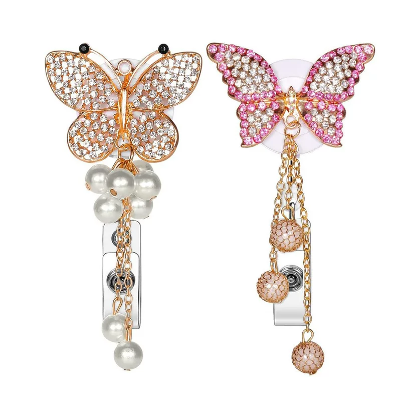 Новинка Amazon: сталь с кристаллами rhinestone лёгкий застежка-карабин с бабочкой кисточка с обратной клипсой ключодержащийся retractable ID пряжка-бижутерия