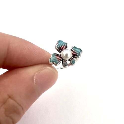 Peony Flower Ring S925 Silver Retro Women's Fashion Ethnic Style Enamel Set with Pearl Open Adjustable Ring