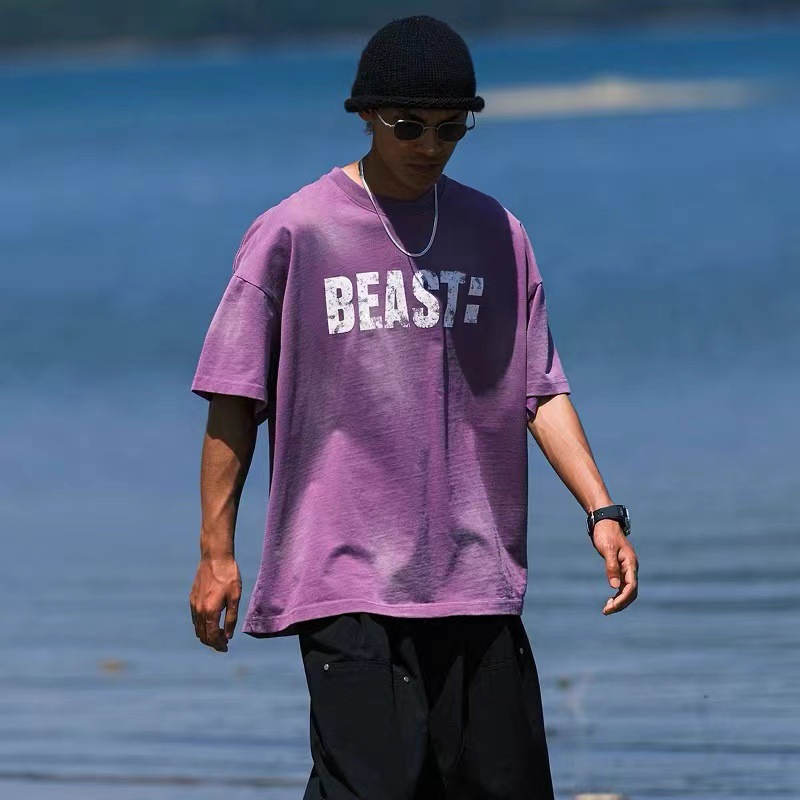 DIY retro spray caballo paseo de agua marca de marea camiseta de manga corta hombre pesado americano suelto pareja de cuello redondo chaqueta