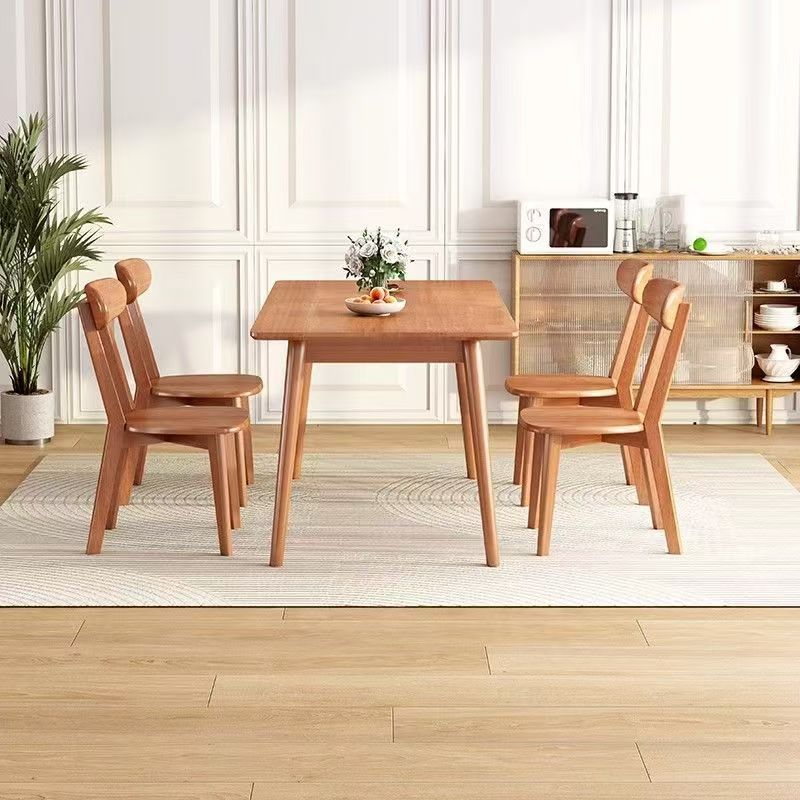 Cherry Wood Color Dining Table and Chair Combination All Solid Wood Dining Table Home Restaurant Table Rectangular Rubber Wood Table and Chair Combination
