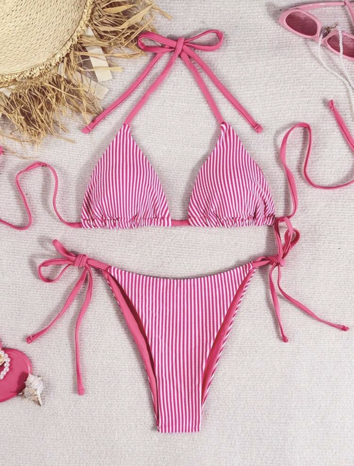 Maillot de bain deux pièces bikini rayé bleu et blanc à bretelles et liens pour femmes_voghion.com