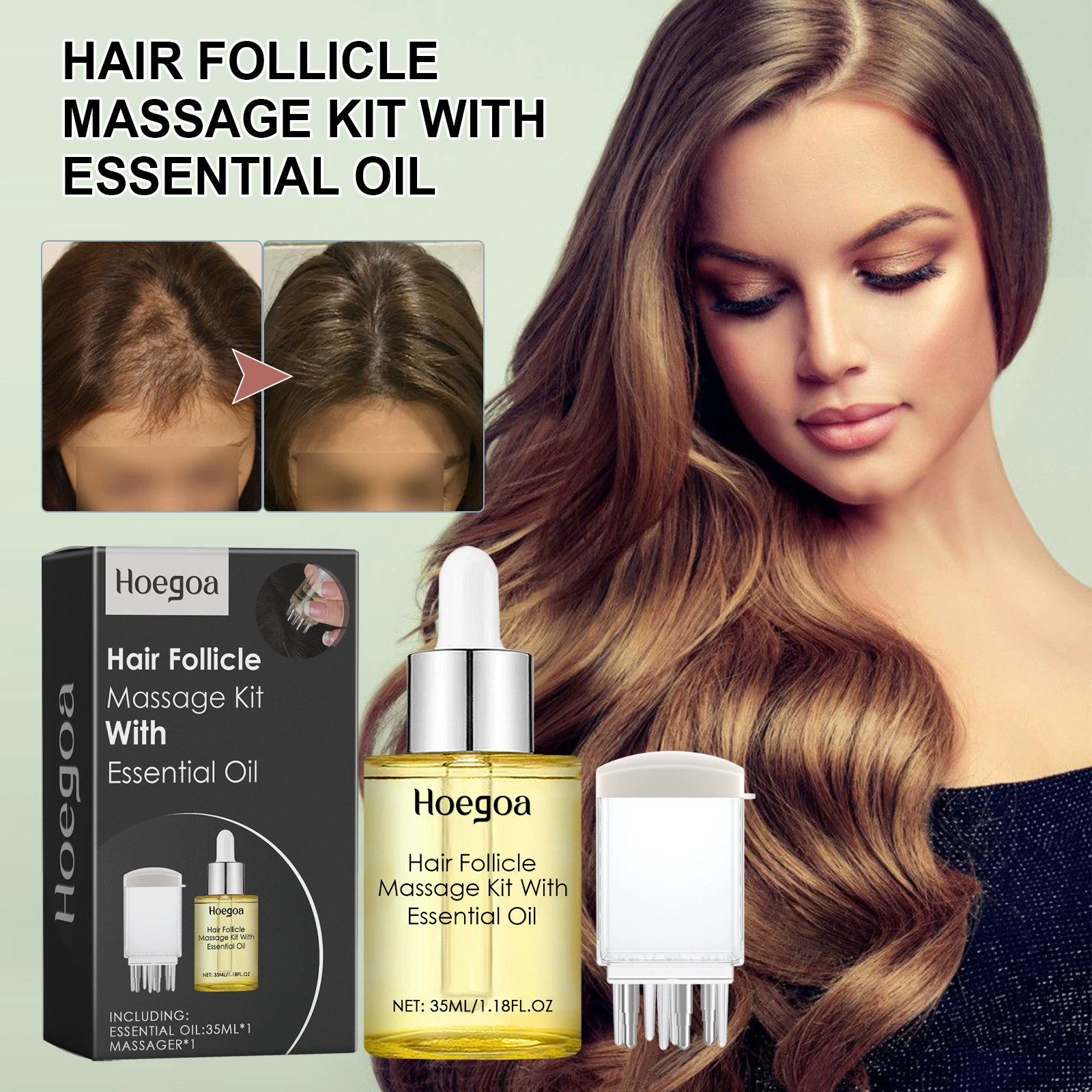 Hoegoa Волосы Эфирное масло Массаж Комплект разглаживает сухие вьющиеся волосы