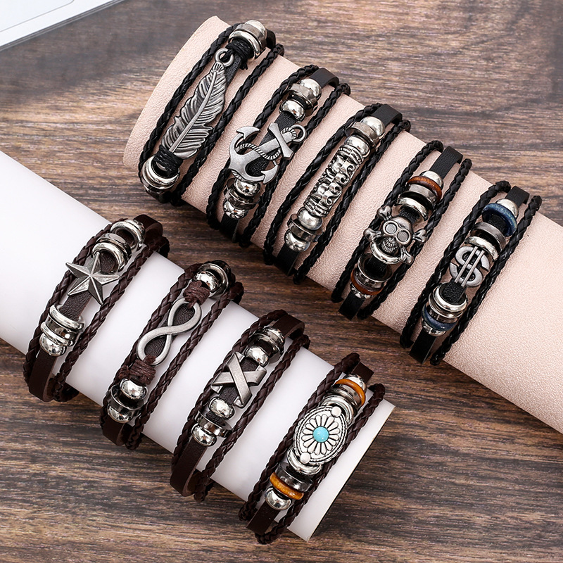 Cross-border jewelry wholesale: simple beaded leather bracelet with feather and evil eye, personalized men's and women's wrist accessory Cross-border jewelry wholesale: simple beaded leather bracelet with feather and evil eye, personalized men's and women's wrist accessory
