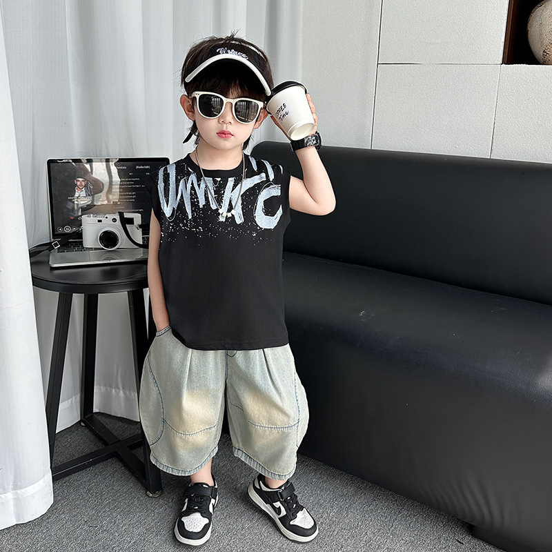 7394 traje de chaleco para niños verano 2025 nuevo traje para niños bebé sin mangas guapo y elegante traje de dos piezas para niños