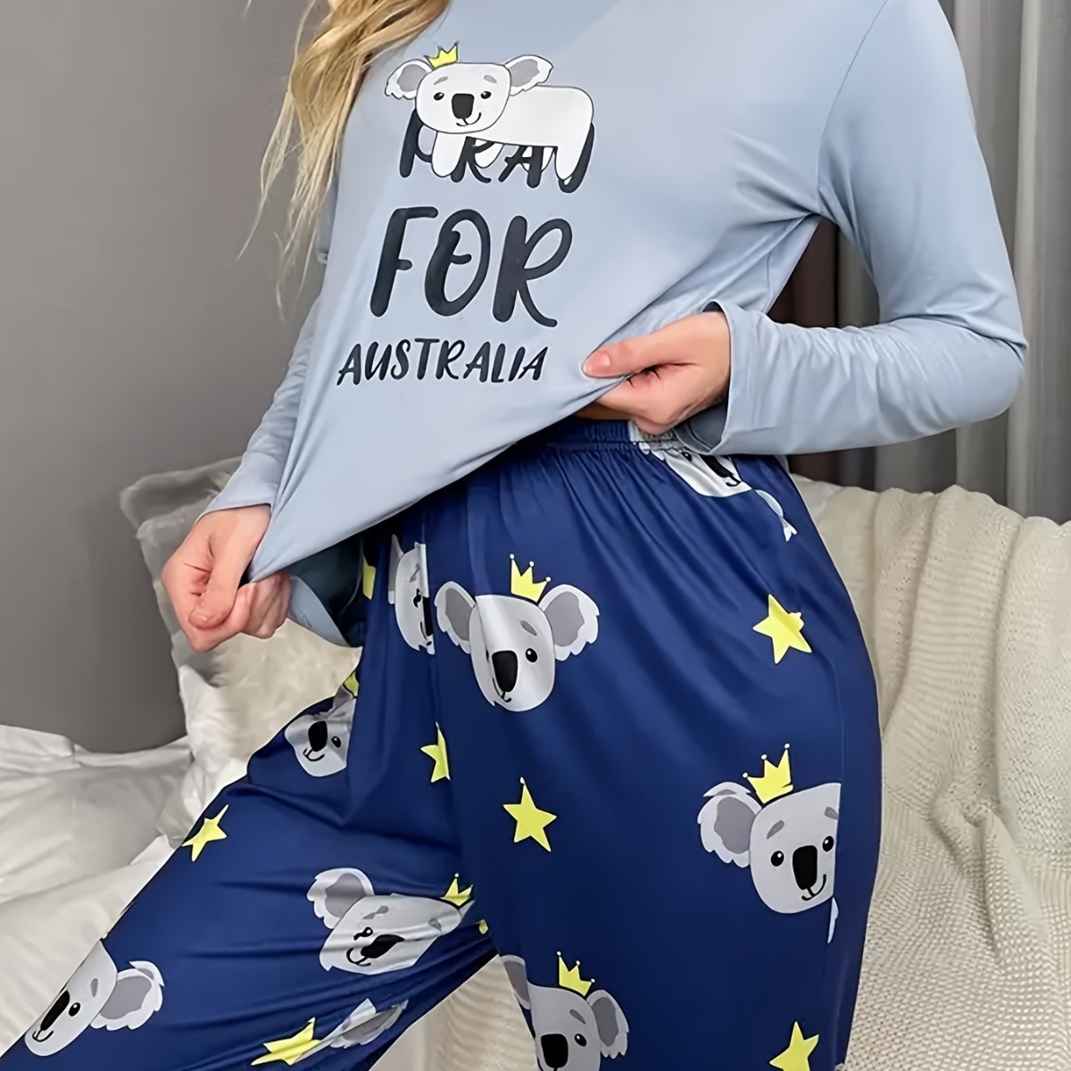 Traje de pantalones de manga larga con estampado transfronterizo de Amazon para mujer, pijamas europeos y americanos, pijamas casuales de primavera y otoño para mujer