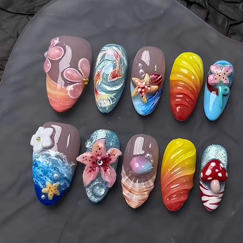 2026 New Model Pure Handmade 3D Three-Dimensional Carved Wearable Nails with Gradient Shell, Starfish, and Flower Designs, High-End Nail Art That Enhances Complexion