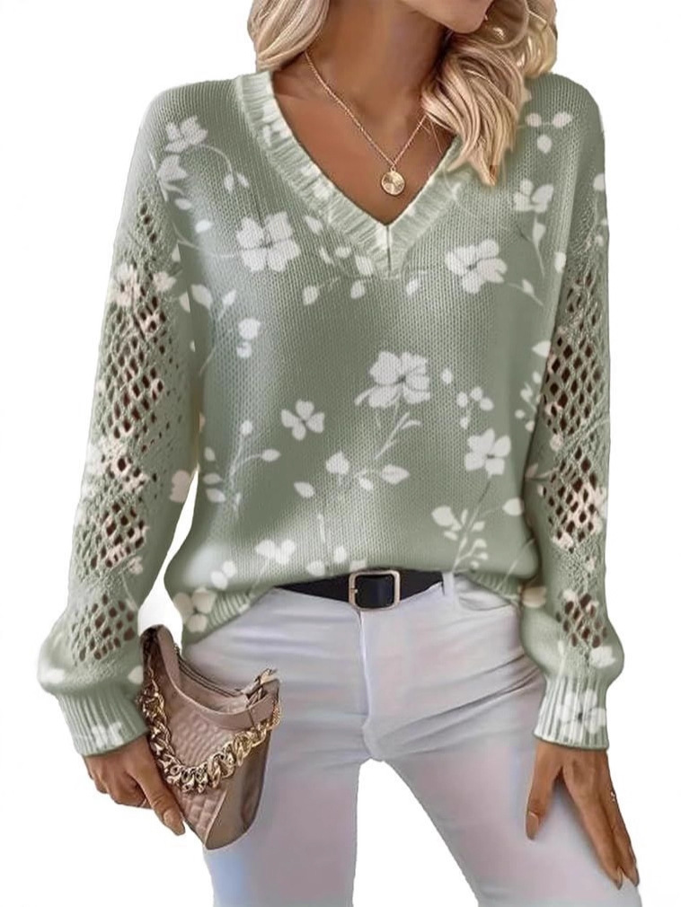 Hs-Ly52-V-Neck Perforated Printed Sweater - Special Link for Cross-Border Customers for Dropshipping