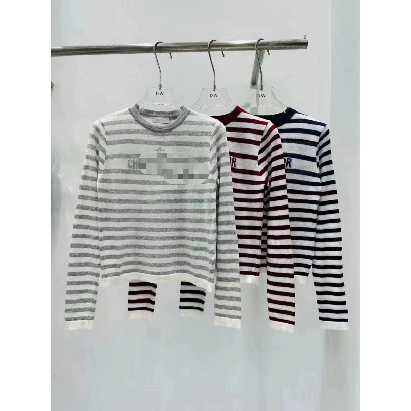 High Quality 24Ss Early Autumn New Classic Versatile Letter Jacquard Stripesd Round Neck Knitted Long-Sleeved Top for Women