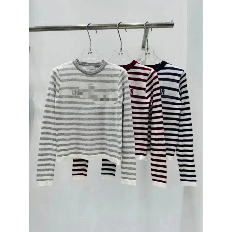 High Quality 24Ss Early Autumn New Classic Versatile Letter Jacquard Stripesd Round Neck Knitted Long-Sleeved Top for Women