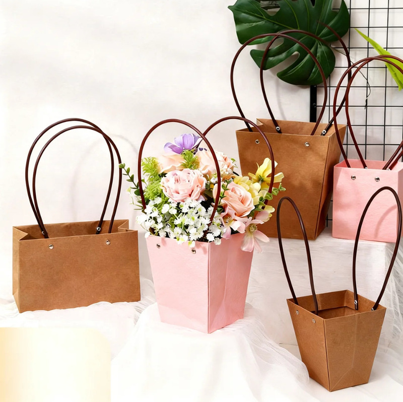 Chinese Valentine's Day Kraft Paper Waterproof Flower Arrangement Bag Bouquet Tote Bag Gift Packaging Materials Flower Box Wholesale