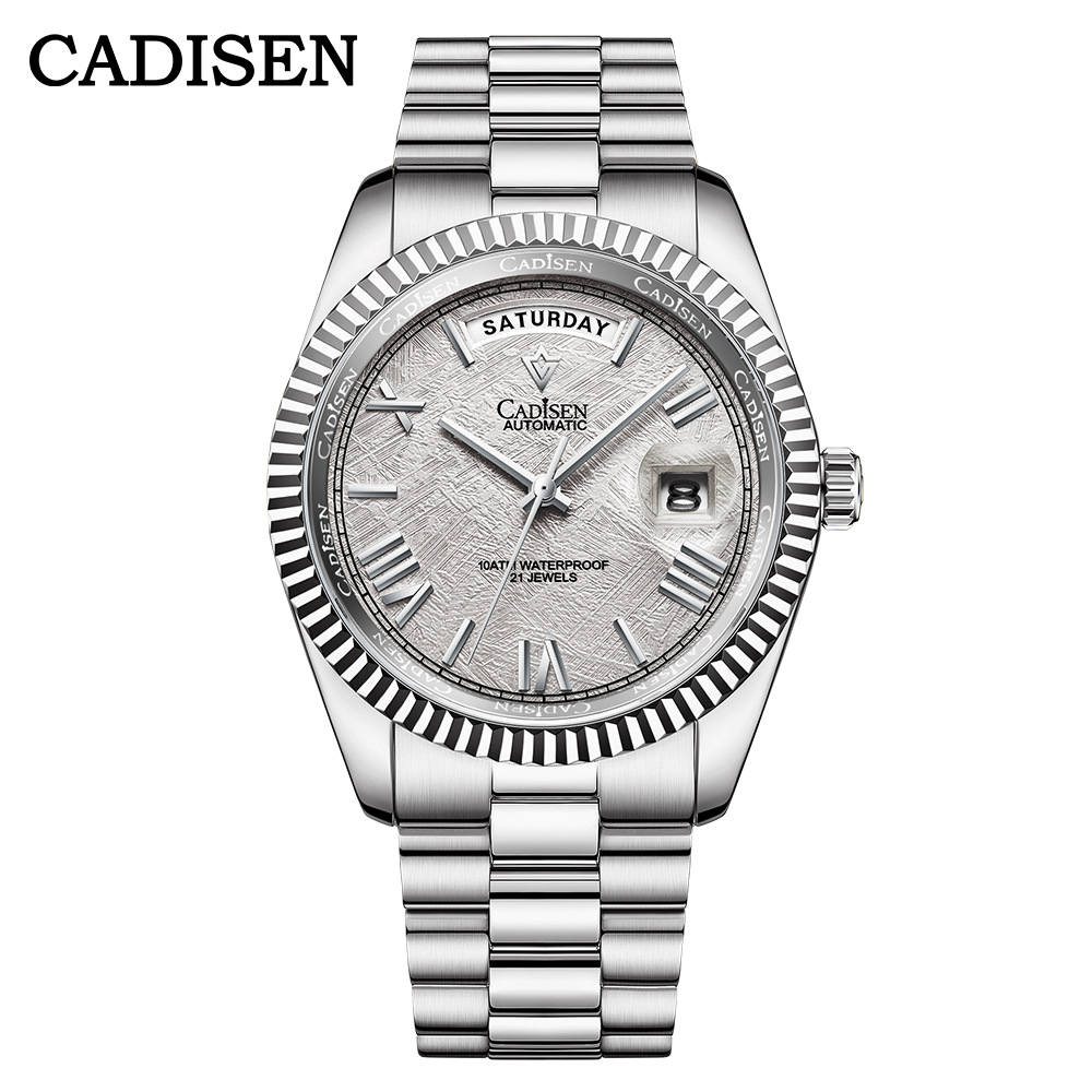 Cadisson CADISEN8185 nueva cáscara de acero inoxidable reloj mecánico automático reloj de los hombres del calendario de zafiro