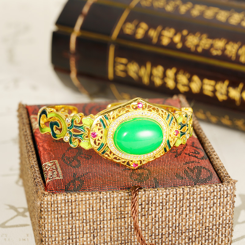 Patrón de oro de arena antigua abertura pulsera de medula de jade estilo palacio retro esmalte estilo nacional joyería en vivo caliente