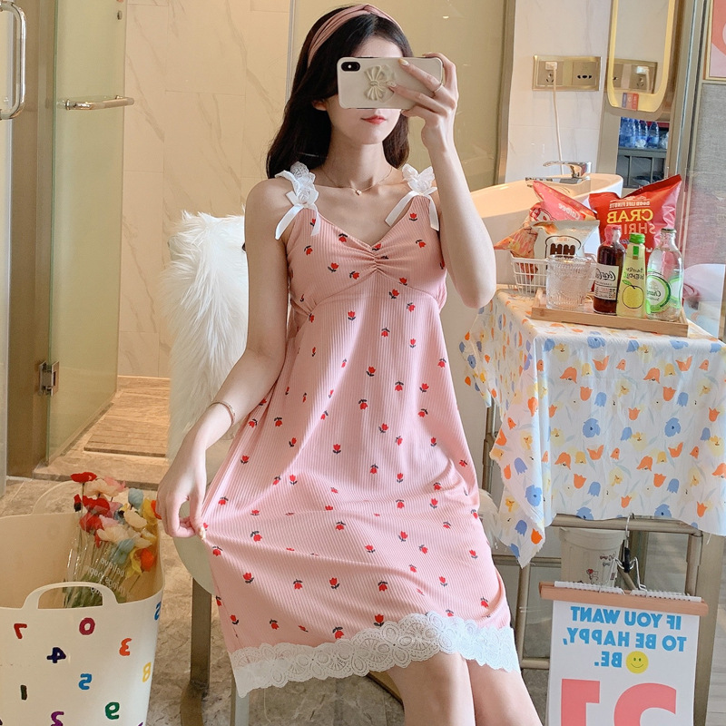 Ropa para el hogar de las mujeres con almohadilla para el pecho nueva correa pijamas camisón de las mujeres de media longitud de encaje de verano dulce princesa estilo