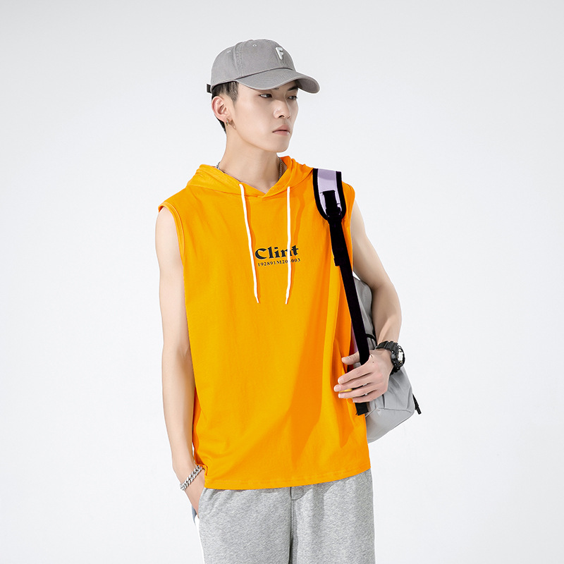 T-shirt canotta in puro cotone di marca trendy per l'estate 2023 senza maniche da uomo con top sportivo con cappuccio per uomo_voghion.com