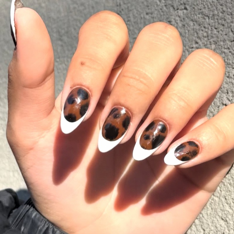 Amazon Wearable Nails Leopard Print Almond White French High Gloss Manicure Nail Tips Fake Nails Finger Patches