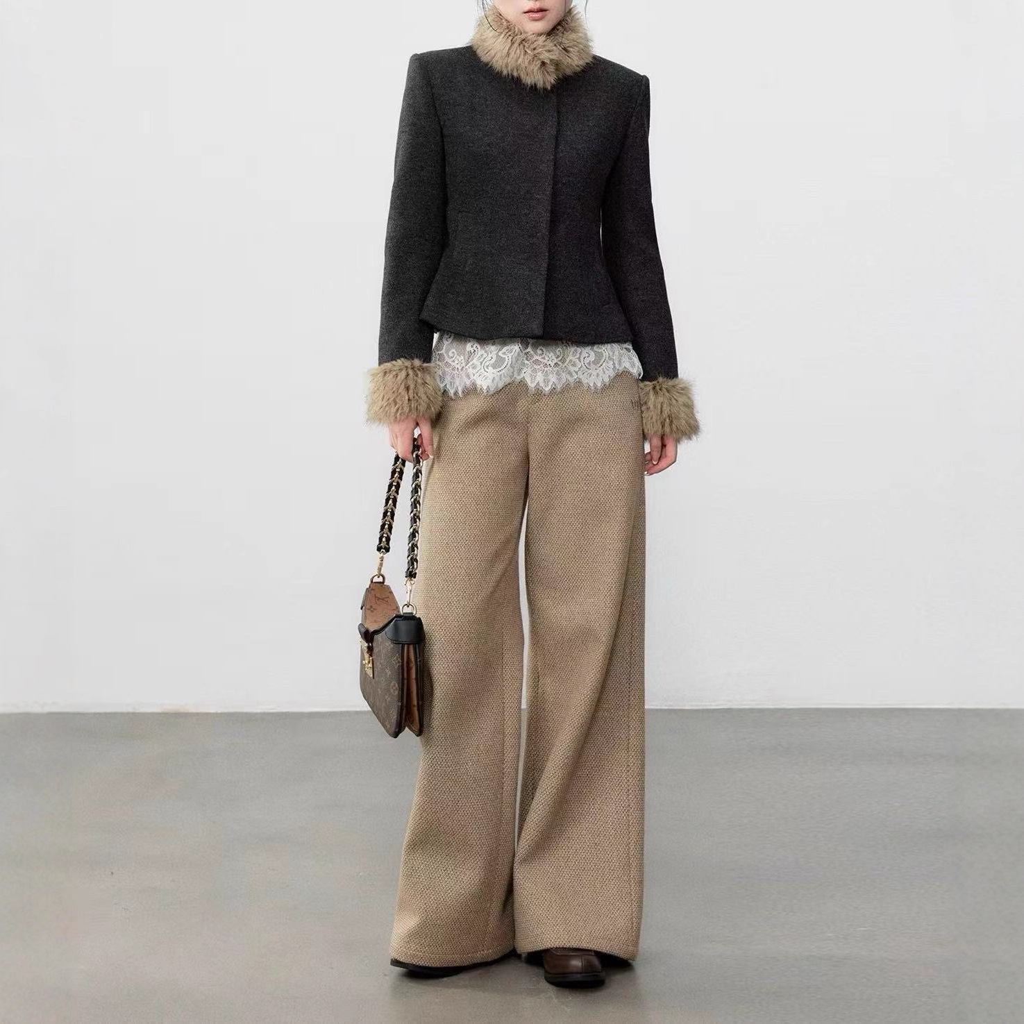 Yuzhi Yuzhi Tweed Style Detachable Fur Collar Woolen Jacket Design Waist Slimming Look Short Elegant Top